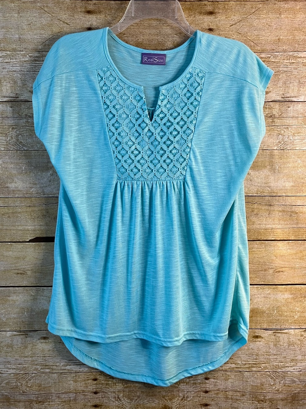 Real Size Women’s Aqua Crochet Bib Tunic Top Size S NWOT Split Neckline